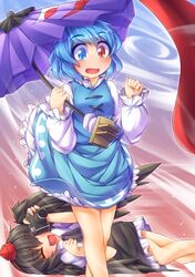  2girls :d bare_legs black_hair black_wings blue_eyes blue_hair blush camera fun_bo geta hat heterochromia karakasa_obake multiple_girls open_mouth red_eyes shameimaru_aya short_hair skirt smile tatara_kogasa tokin_hat tongue touhou umbrella wings 
