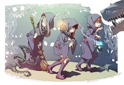  3girls akko_kagari boots broom fantasy hood knee_boots lantern little_witch_academia lotte_yanson multiple_girls official_art robe sucy_manbabalan trigger_(company) wand 