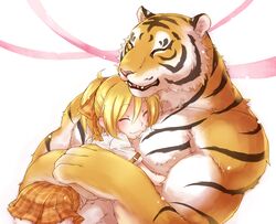  1boy 1girl blonde_hair closed_eyes hair_ribbon hug muscle original ponytail ribbon short_hair skirt smile teru_suzu tiger 