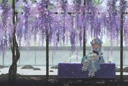  2girls bobby_socks closed_eyes floor hairband hat hitodama japanese_clothes konpaku_youmu konpaku_youmu_(ghost) mary_janes multiple_girls pink_eyes pink_hair saigyouji_yuyuko seeker shoes short_hair sitting skirt skirt_set sleeping smile socks touhou tree white_hair white_legwear 