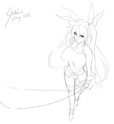  1girl alternate_breast_size bare_shoulders breasts eu03 fate_testarossa gloves hair_ribbon large_breasts long_hair lyrical_nanoha mahou_shoujo_lyrical_nanoha monochrome ribbon sketch solo thigh-highs twintails 