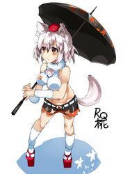 1girl blush bra breasts himuro_(dobu_no_hotori) inubashiri_momiji looking_at_viewer midriff navel racequeen red_eyes short_hair skirt smile solo tail touhou umbrella underwear 