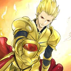  1boy armor blonde_hair earrings fate/zero fate_(series) gilgamesh goblet jewelry momopan_(artist) red_eyes solo wine 