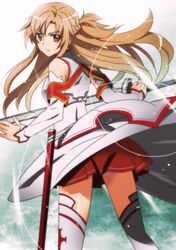  1girl asuna_(sao) bare_shoulders breastplate brown_eyes brown_hair detached_sleeves heki_(axis) long_hair skirt solo sword sword_art_online thigh-highs weapon white_legwear 