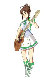  1girl akizuki_ritsuko antenna_hair bass_guitar boots brown_eyes brown_hair cropped_jacket cross-laced_footwear idolmaster instrument knee_boots necktie no_glasses short_hair smile solo standing teru_(grafroller) 