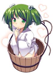 1girl blush bucket green_eyes green_hair hair_bobbles hair_ornament heart kisume matatabi_maru short_hair solo touhou twintails white_background 