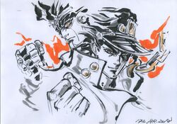  chain hat hayama_jun'ichi jojo_no_kimyou_na_bouken kuujou_joutarou marker_(medium) portrait stand_(jojo) star_platinum traditional_media 