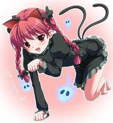  1girl barefoot blush braid cat_tail fang ghost gotou_jin kaenbyou_rin paw_pose red_eyes redhead soles solo tail touhou twin_braids 