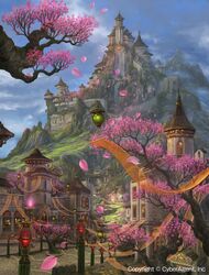  castle cherry_blossoms highres lantern mountain petals scenery stairs tenkuu_no_crystalia ucchiey water waterfall 