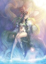  1girl blue_eyes blue_hair breasts cacao flower large_breasts leaf long_hair original sitting solo sunlight thighs water 