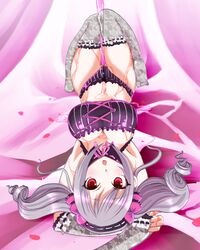  1girl bow breasts drill_hair elbow_gloves gloves hair_bow idolmaster idolmaster_cinderella_girls kanzaki_ranko purple_hair red_eyes strap_slip thigh-highs twin_drills twintails underwear 