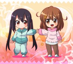  1girl black_hair brown_eyes brown_hair chibi hirasawa_yui inazoux k-on! long_hair nakano_azusa pantyhose red_eyes short_hair sleepwear track_suit 