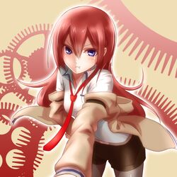  1girl blue_eyes brown_hair highres jacket legwear_under_shorts long_hair makise_kurisu necktie pantyhose s.h.v shorts solo steins;gate 