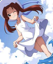  1girl bioroid_hei brown_eyes brown_hair clouds dress girls_und_panzer grin hat kadotani_anzu long_hair looking_at_viewer ocean skirt_hold sky smile solo standing sun_hat twintails white_dress wink 