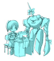  bokurano chibi flower long_hair mecha monochrome nakarai_mako ponytail ribbon sewing sewing_machine simple_background uniform white_background 