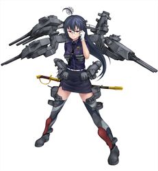  1girl ahoge belt boots frown glasses gloves gun highres mecha_musume miniskirt necktie solo sword thighhighs weapon 