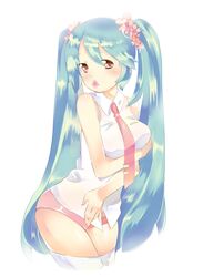  1girl absurdres blue_hair blush breast_hold crossed_arms flower hair_flower hair_ornament hatsune_miku highres iku_(wtu6pma7) long_hair necktie pink_eyes sakura_miku shiny shiny_skin twintails very_long_hair vocaloid 
