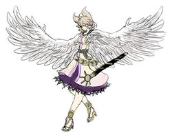  1girl belt dress feathered_wings full_body high_heels kitayuki_kajika sandals shoes short_hair solo sword touhou toyosatomimi_no_miko transformation walking weapon white_background wings 
