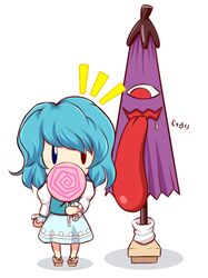  1girl blue_eyes candy geta heterochromia karakasa_obake lollipop mazume red_eyes shadow simple_background tatara_kogasa tongue touhou translated umbrella 