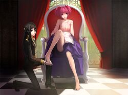  2girls akemi_homura alternate_costume black_hair blackrabbitsoul checkered checkered_floor curtains formal kaname_madoka kneeling long_hair mahou_shoujo_madoka_magica multiple_girls pant_suit pink_eyes pink_hair suit throne violet_eyes window yuri 