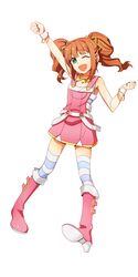  1girl arm_up flat_chest green_eyes highres hooreng idolmaster open_mouth simple_background smile solo striped striped_legwear takatsuki_yayoi thigh-highs white_background wink 