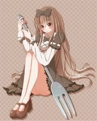  1girl blush bow brown_eyes brown_hair fork hair_bow hiro_(hirohiro31) long_hair original oversized_object sitting smile solo very_long_hair 
