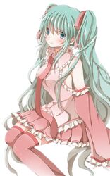  1girl aqua_eyes detached_sleeves green_hair hair_ribbon hatsune_miku highres hiro_(hirohiro31) long_hair necktie pink_legwear ribbon simple_background sitting skirt smile solo thigh-highs twintails very_long_hair vocaloid white_background 