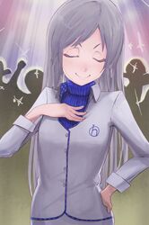  1girl closed_eyes code-aa hand_on_another's_chest hand_on_hip highres idolmaster kisaragi_chihaya long_hair ribbed_turtleneck silhouette smile star white_hair 
