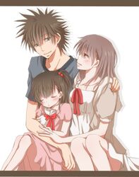  1boy 2girls blush brown_hair eye_contact hiro_(hirohiro31) if_they_mated kamijou_touma looking_at_another misaka_mikoto multiple_girls short_hair simple_background smile to_aru_majutsu_no_index white_background 