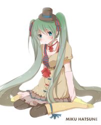  1girl aqua_eyes belt boots character_name dress elbow_gloves gloves green_hair hair_ribbon hat hatsune_miku hiro_(hirohiro31) knee_boots long_hair mini_top_hat pantyhose ribbon simple_background sitting solo top_hat twintails very_long_hair vocaloid wariza white_background 