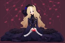  1girl apple blonde_hair blue_dress blue_eyes dress empty_eyes food frills fruit lace long_hair mnjs original sitting solo 
