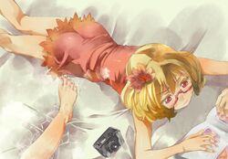  1girl aki_shizuha ass bare_legs bared_teeth bespectacled blush camera dress glasses leaf leaf_on_head red-framed_glasses red_dress red_eyes short_hair solo_focus touhou trembling yohane 