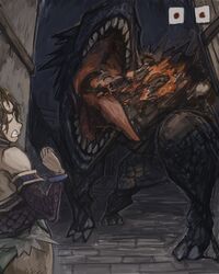  1girl bare_shoulders brown_hair bustier choker code-aa dragon elbow_gloves fire flag futami_ami gloves hands_raised highres idolmaster open_mouth sharp_teeth thigh-highs tongue wings 