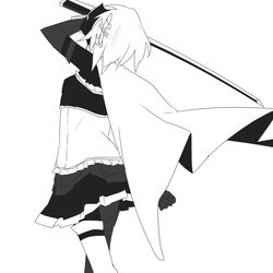  1girl armband cape ciel_arc hair_ornament hairclip magical_girl mahou_shoujo_madoka_magica_movie miki_sayaka monochrome short_hair solo sword thigh-highs weapon zettai_ryouiki 