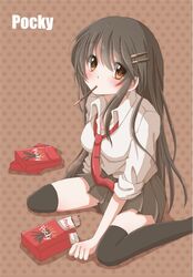  1girl blush breasts brown_eyes brown_hair highres hiro_(hirohiro31) long_hair mouth_hold necktie original pocky sitting skirt solo thigh-highs very_long_hair wariza 