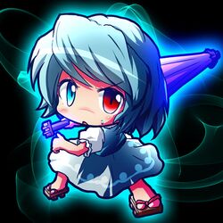  1girl blue_eyes blue_hair blush chibi gete heterochromia karakasa_obake open_mouth puffy_sleeves red_eyes ryogo short_hair skirt solo tatara_kogasa touhou umbrella vest 