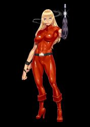  1girl abs arm_cannon belt black_background blonde_hair blue_eyes breasts cigar cobra genderswap high_heels highres impossible_clothes large_breasts lips long_hair mouth_hold po-ju psychogun shoes simple_background skin_tight solo space_adventure_cobra standing weapon 