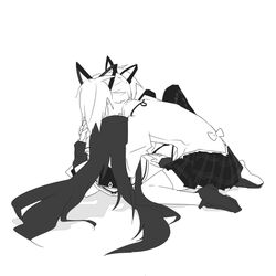  2girls akemi_homura argyle argyle_legwear back ciel_arc hair_ribbon holding_hands kaname_madoka long_hair magical_girl mahou_shoujo_madoka_magica monochrome multiple_girls pantyhose ribbon school_uniform short_twintails sitting thigh-highs twintails zettai_ryouiki 