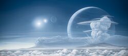  above_clouds blue clouds eruption highres justinas_vitkus moon multiple_moons no_humans original sky star_(sky) volcano 