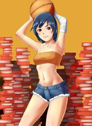  1girl arms_up bandages bandeau basketball blue_hair book brown_eyes kanbaru_suruga michitarou monogatari_(series) nisemonogatari short_hair 