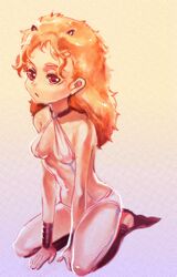  1girl criss-cross_halter genderswap halter_top halterneck horns jojo_no_kimyou_na_bouken orange_hair red_eyes santana_(jojo) small_breasts solo tanijo 