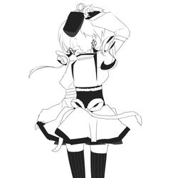  1girl back beret ciel_arc corset drill_hair fingerless_gloves gloves hat magical_girl mahou_shoujo_madoka_magica monochrome solo thigh-highs tomoe_mami twin_drills vertical-striped_legwear vertical_stripes zettai_ryouiki 