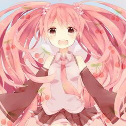  1girl cherry detached_sleeves flower food fruit hair_flower hair_ornament hatsune_miku long_hair lulumiya necktie open_mouth panties pink_hair sakura_miku skirt solo striped striped_panties twintails underwear very_long_hair vocaloid 