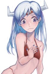  1girl absurdres bikini bikini_top blue_eyes blue_hair blush code-aa headband highres horns idolmaster kisaragi_chihaya long_hair midriff nail_polish simple_background solo swimsuit white_background 