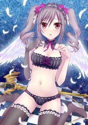 1girl angel_wings blue_rose blush breasts cleavage drill_hair feathers flower frills hairband idolmaster idolmaster_cinderella_girls kaen_(k-artworks) kanzaki_ranko lolita_hairband navel open_mouth red_eyes rose short_hair silver_hair sleeveless solo staff thighhighs twintails wings