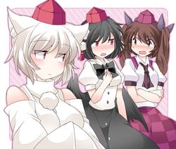  3girls animal_ears black_hair blush bow brown_eyes brown_hair commentary_request detached_sleeves dress_shirt embarrassed hammer_(sunset_beach) hat himekaidou_hatate inubashiri_momiji multiple_girls necktie open_mouth red_eyes shameimaru_aya shirt short_hair skirt skirt_set tokin_hat touhou twintails white_hair wings wolf_ears 