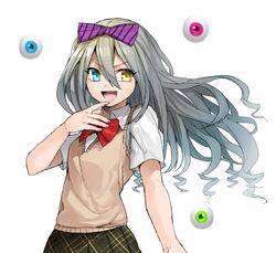  1girl aqua_eyes blue_eyes bow erubo eyes hair_bow heterochromia long_hair lucia_fagerholm open_mouth original pink_eyes school_uniform short_sleeves silver_hair solo white_background yellow_eyes 