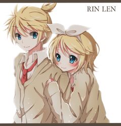  1boy 1girl arm_hug blonde_hair blush character_name hiro_(hirohiro31) kagamine_len kagamine_rin letterboxed short_hair simple_background smile vocaloid white_background 