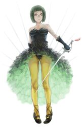  1girl bare_shoulders bustier code-aa dress glasses gloves green_hair highres idolmaster otonashi_kotori pantyhose rapier red_eyes short_hair simple_background solo strapless_dress sword weapon white_background 