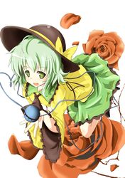  1girl absurdres blush eyeball flower frills green_eyes hat hat_ribbon heart heart_of_string highres komeiji_koishi long_sleeves petals red_rose ribbon rose short_hair silver_hair skirt smile solo third_eye touhou wide_sleeves 